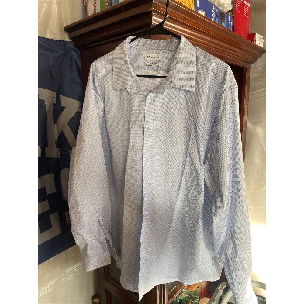 Calvin Klein Mens Shirt Neck 18.5 2X Slim Fit Blue White Cotton Checks No Iron